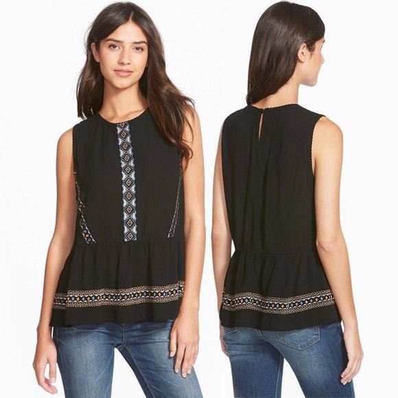 Chloe & Katie Chloe K Black Mosaic Embroidered Gauzy Textured Peplum Tank Top - Picture 3 of 16
